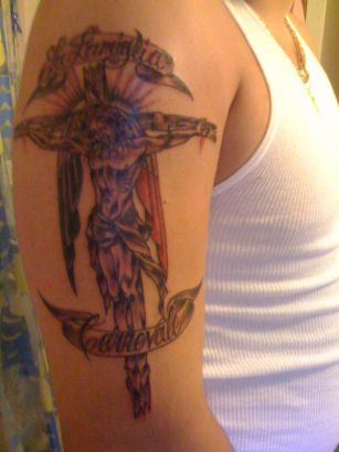 Cross And Jesus Tattoo On Arm